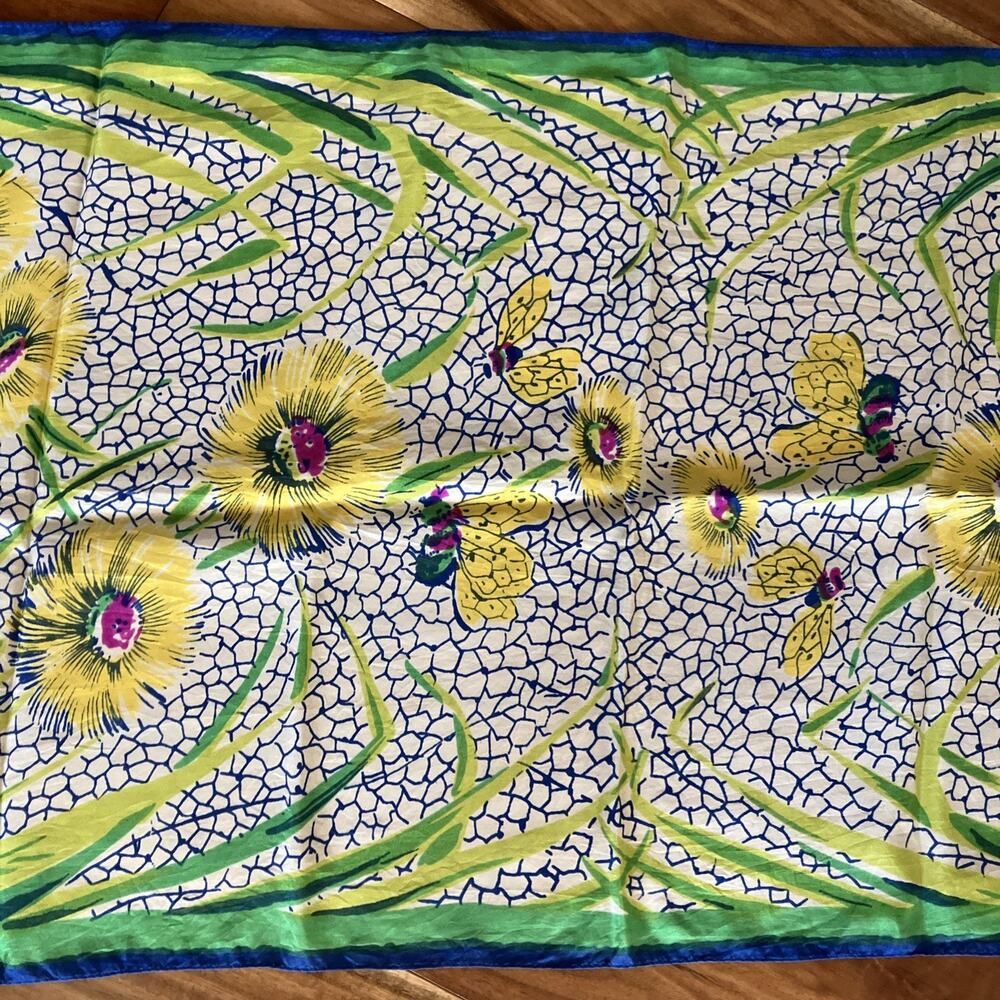 Vtg 1930's Silky Scarf Art Deco Floral Bee's Colorful Hand Rolled Blue MCM Rare - Picture 3 of 16